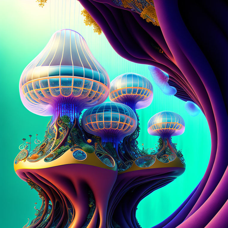 Surreal mushroom-like structures with jellyfish features on aqua and purple background