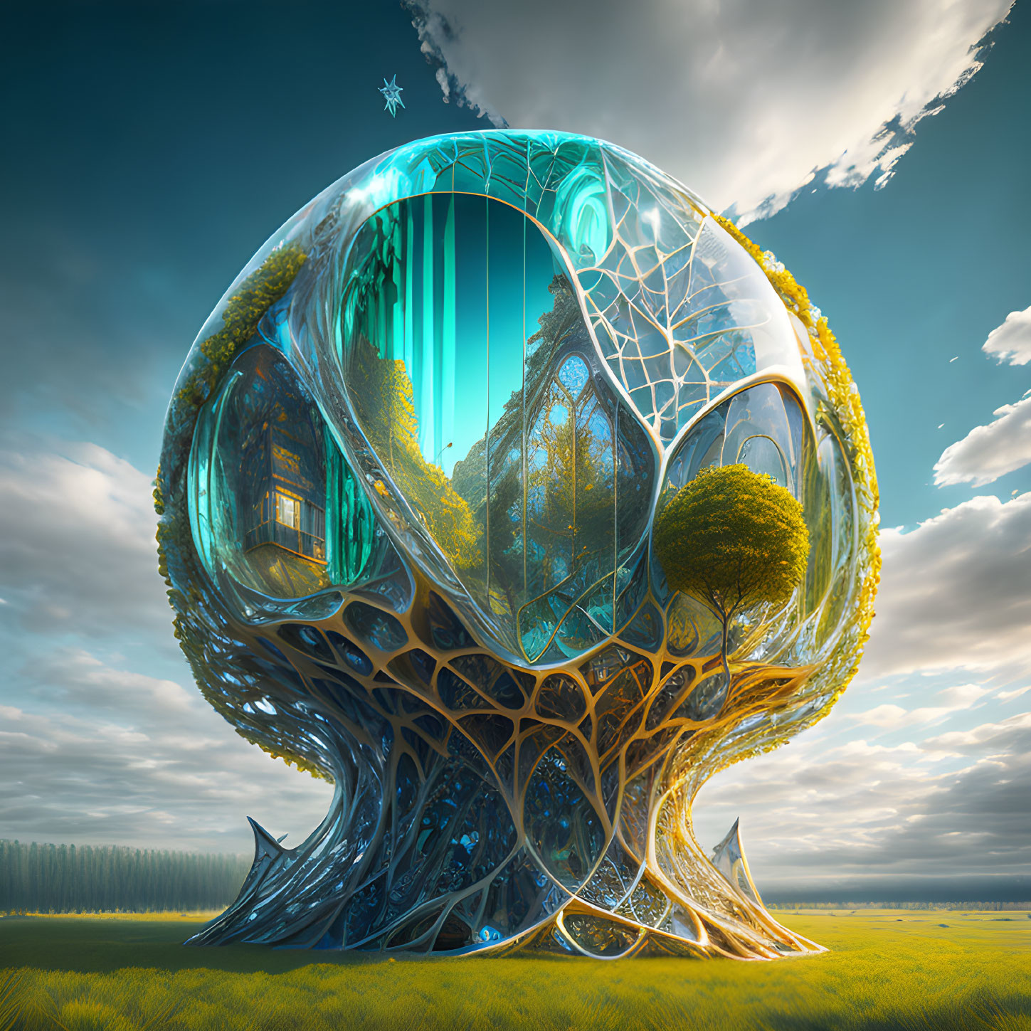 Futuristic surreal structure with tree-like patterns in lush landscape