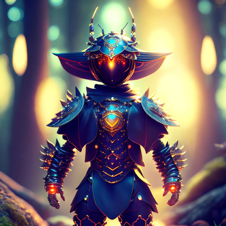 Futuristic knight in blue and black armor in forest light