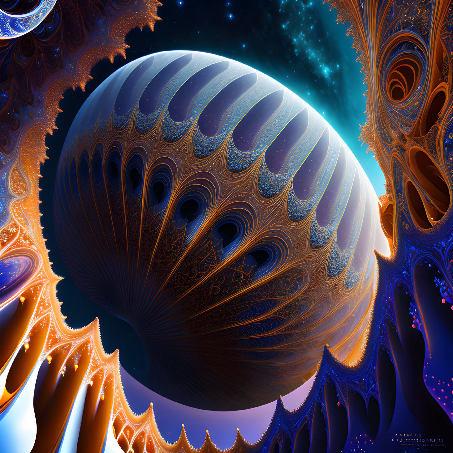 Surrealist digital artwork: ornate sphere in cosmic space