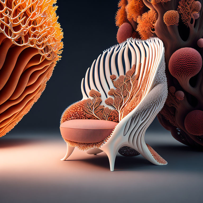 Surreal 3D Chair Illustration with Coral-like Structures