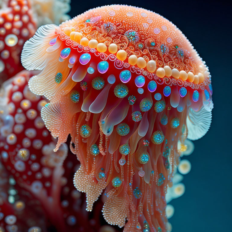 Vibrant Orange Jellyfish with Translucent Tentacles on Deep Blue Background