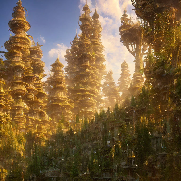 Majestic forest with pagoda-like structures in golden sunlight