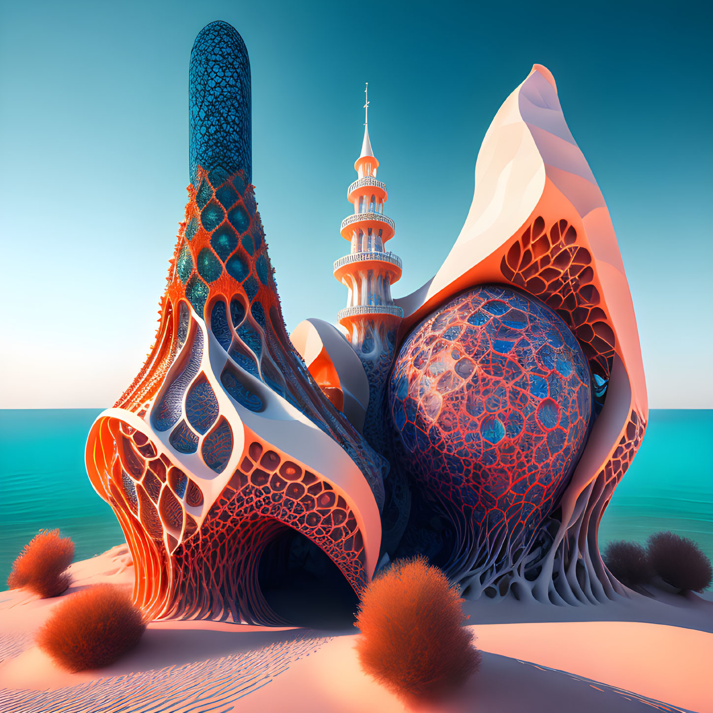 Vibrant surreal landscape with abstract tower by calm sea