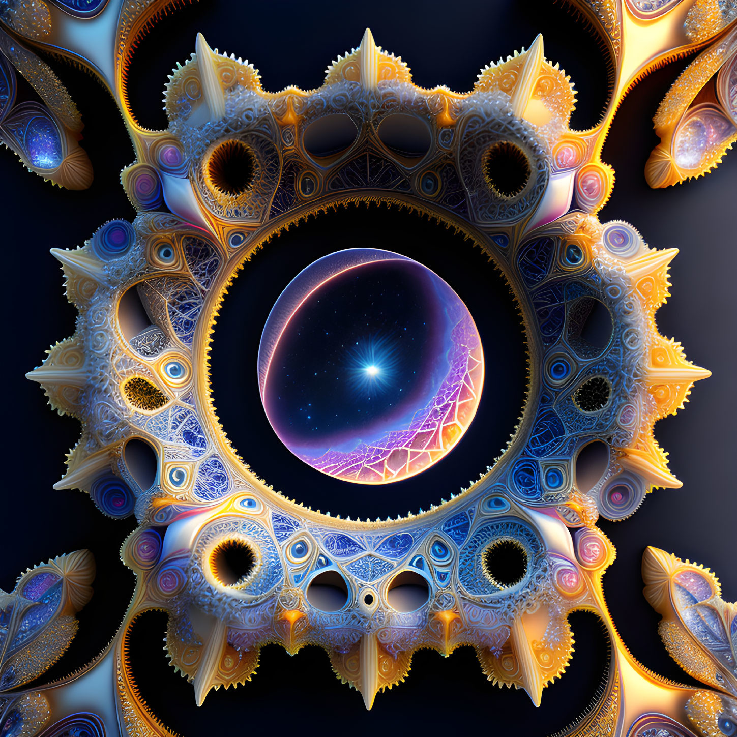 Intricate 3D fractal art: Glowing sphere in cosmic portal