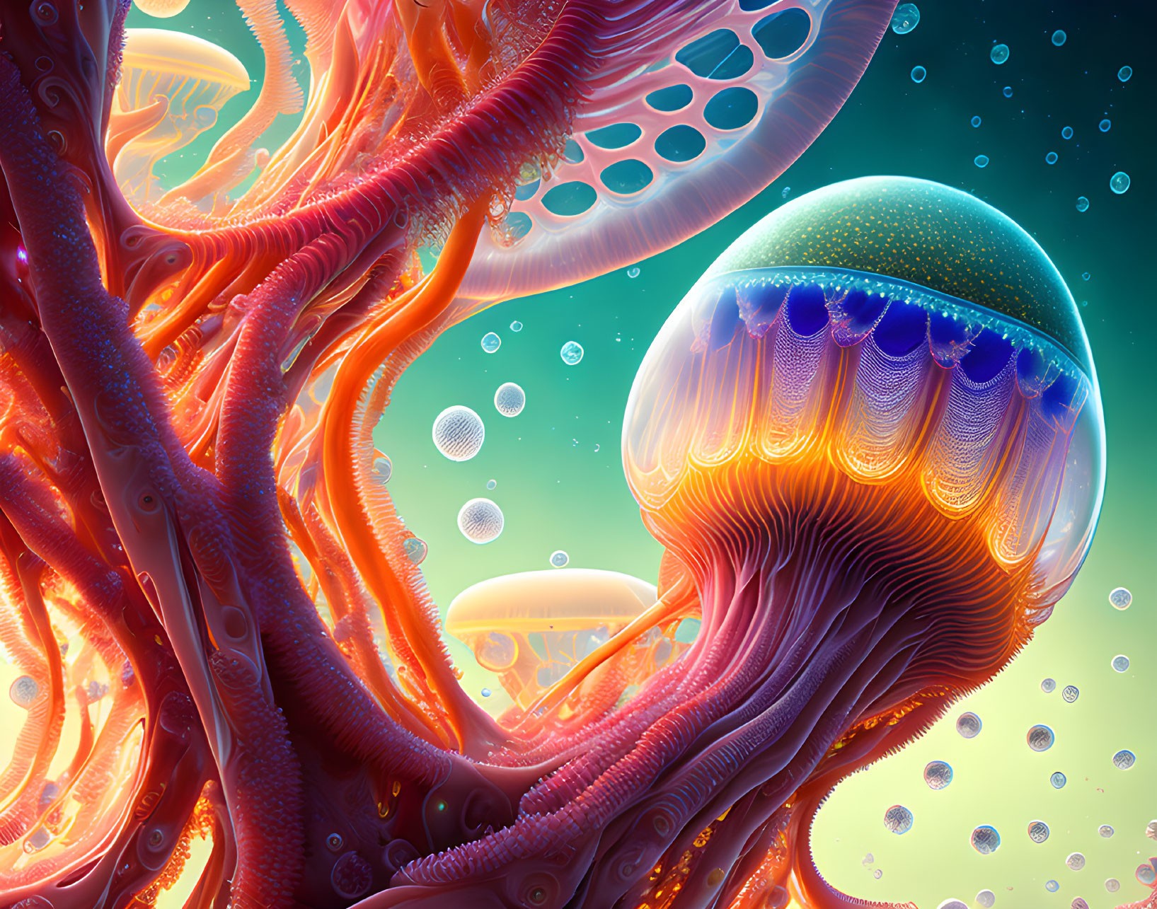 Colorful jellyfish digital art with intricate tentacles in underwater scene