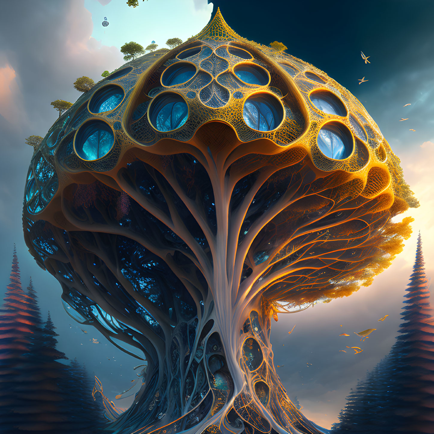 Fantastical tree with swirling trunk and sponge-like canopy with blue orbs on dusky sky