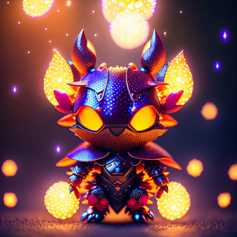 Colorful digital illustration of stylized creature with glowing orange spikes, purple skin, stars, and yellow