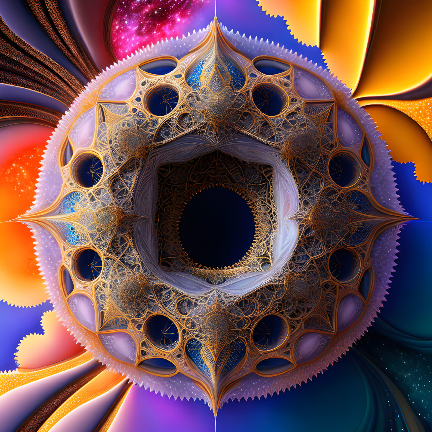 Colorful fractal design with intricate patterns and central void in vivid colors.