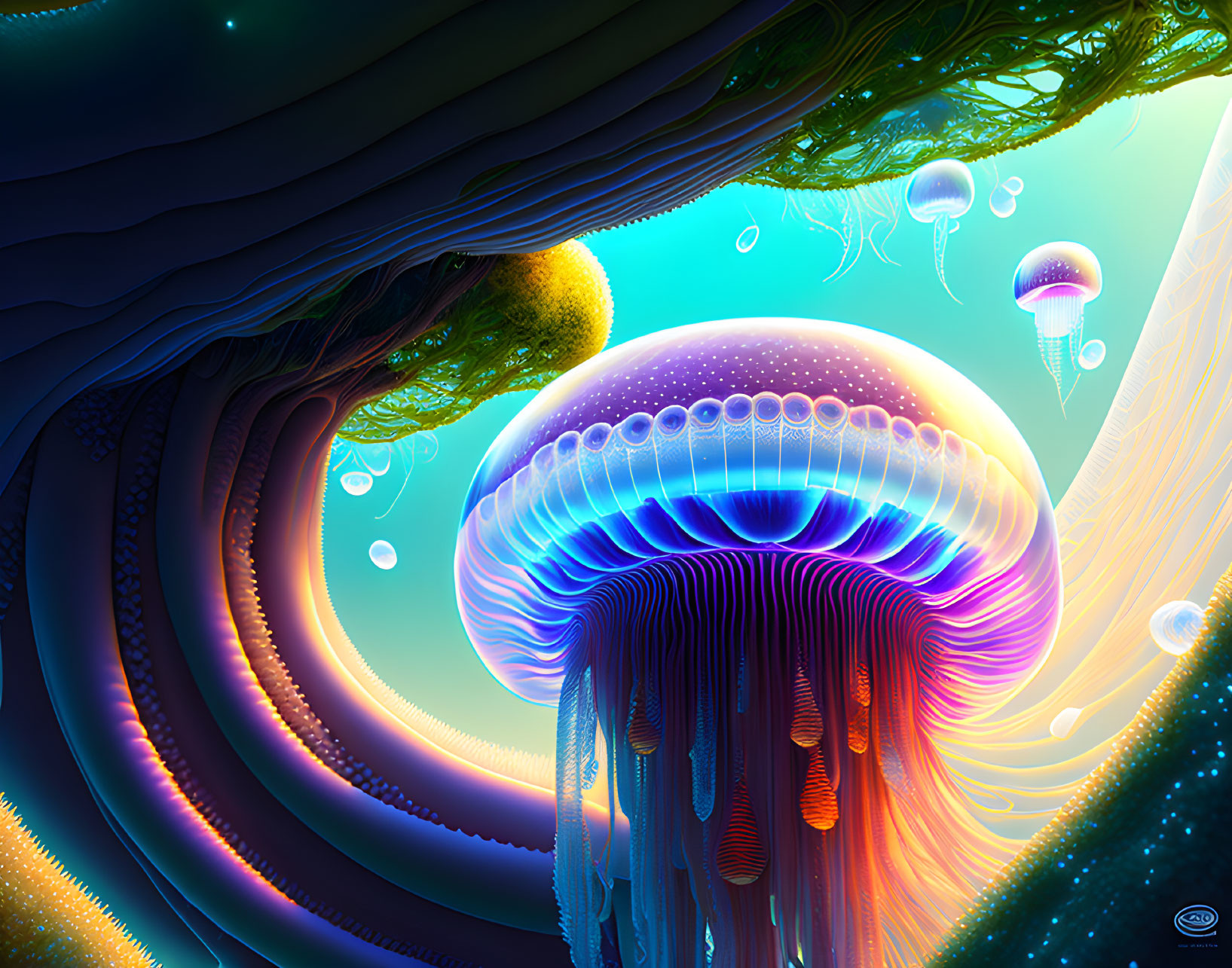 Colorful underwater jellyfish and coral scene