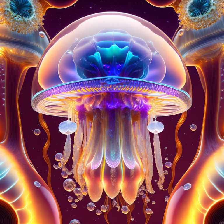 Colorful Digital Jellyfish Artwork with Translucent Dome and Flowing Tentacles