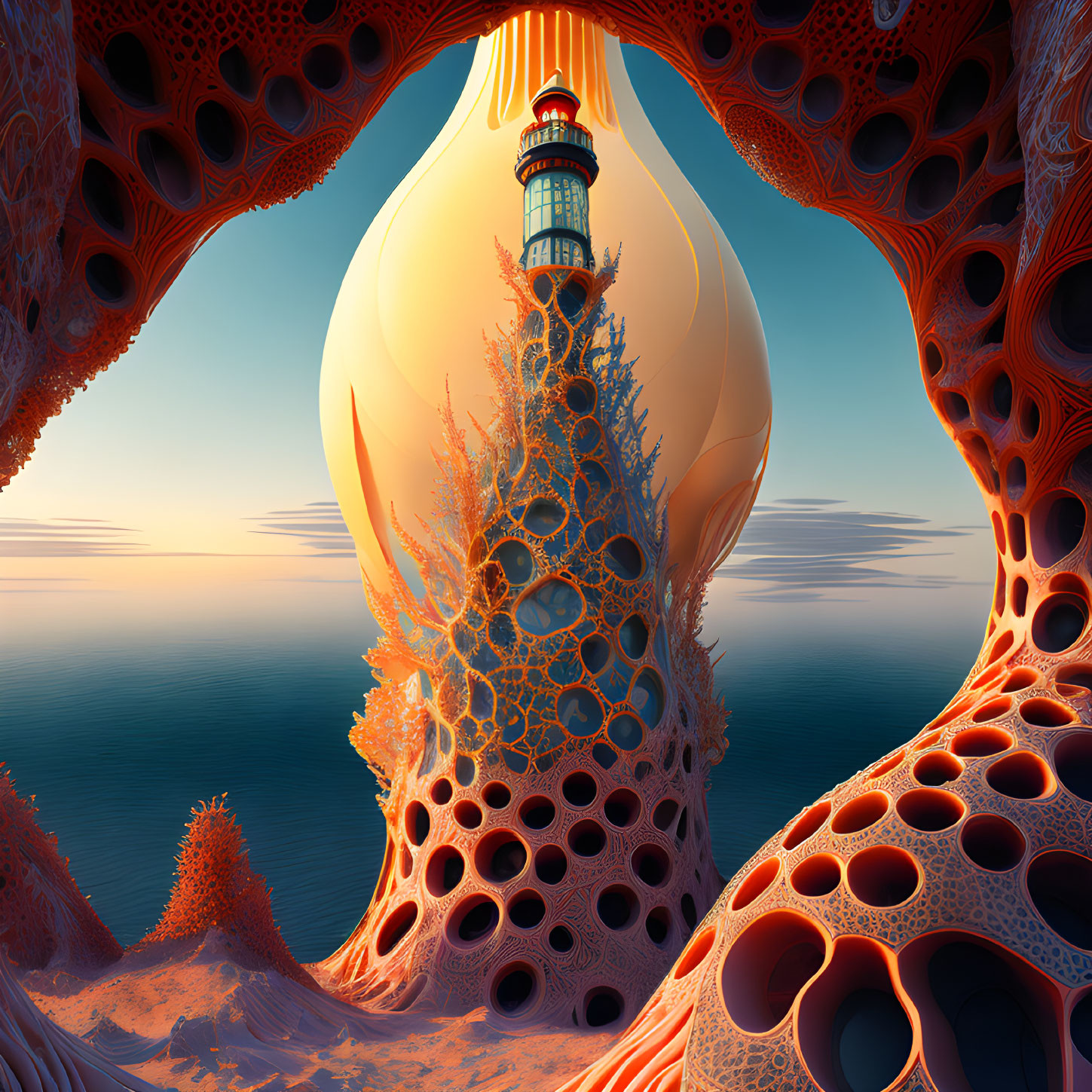 Surreal landscape with lighthouse in bulb, orange fractal structures, coastal background