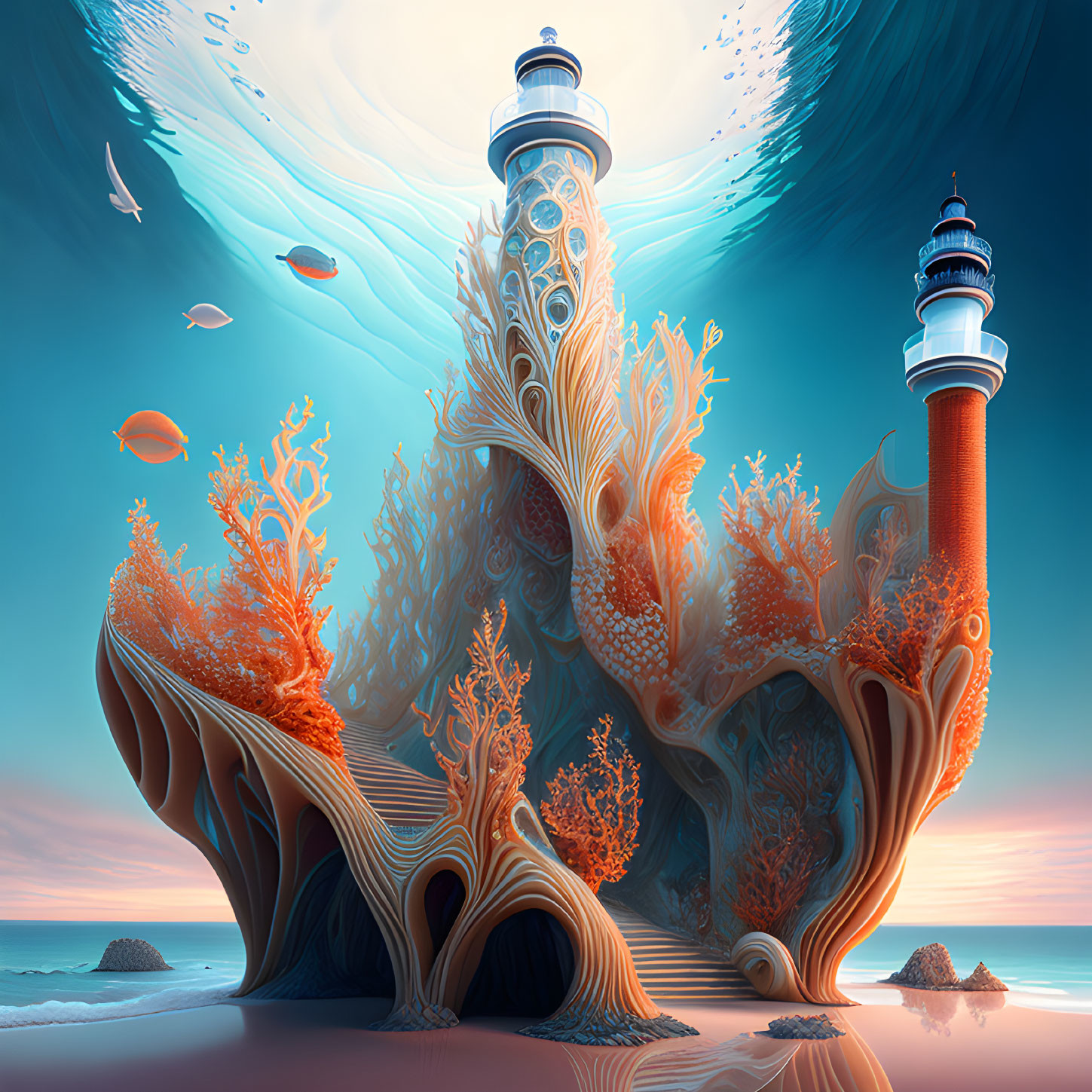 Colorful surreal artwork: two ornate lighthouses in coral structures under wave sky, fish swimming