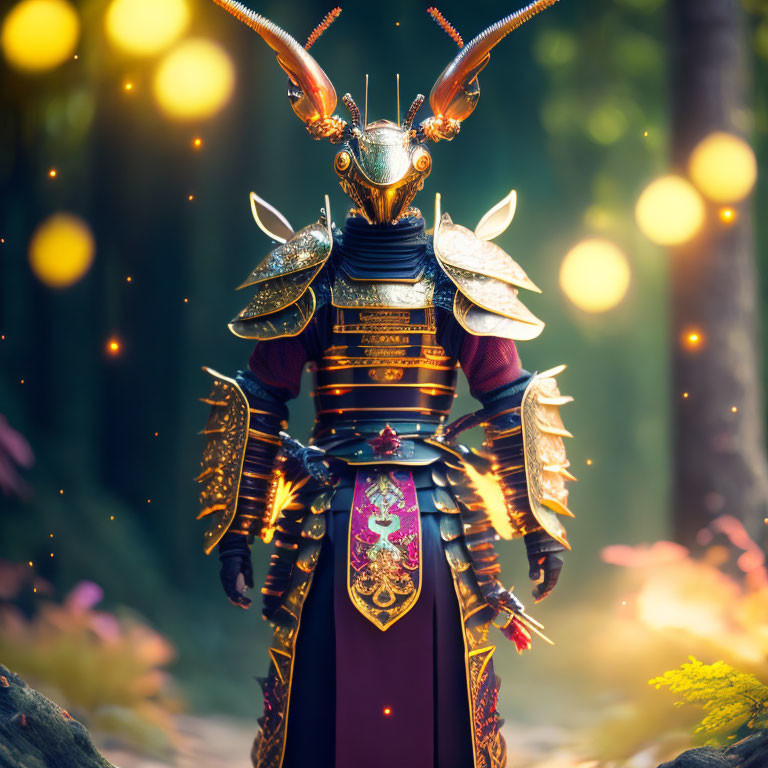 Elaborate samurai armor in mystical forest with glowing orbs