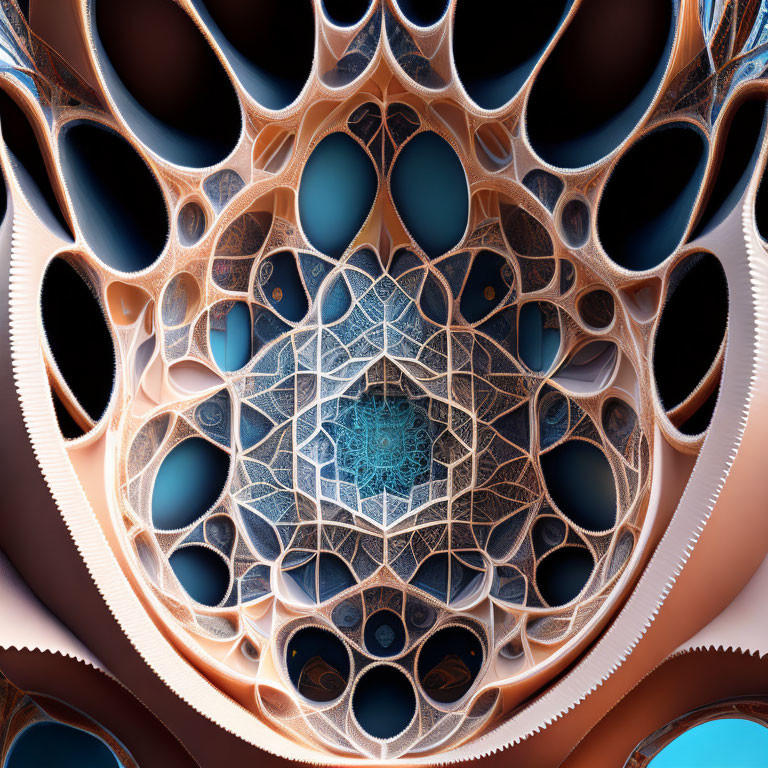 Symmetrical blue and brown fractal pattern with intricate network.