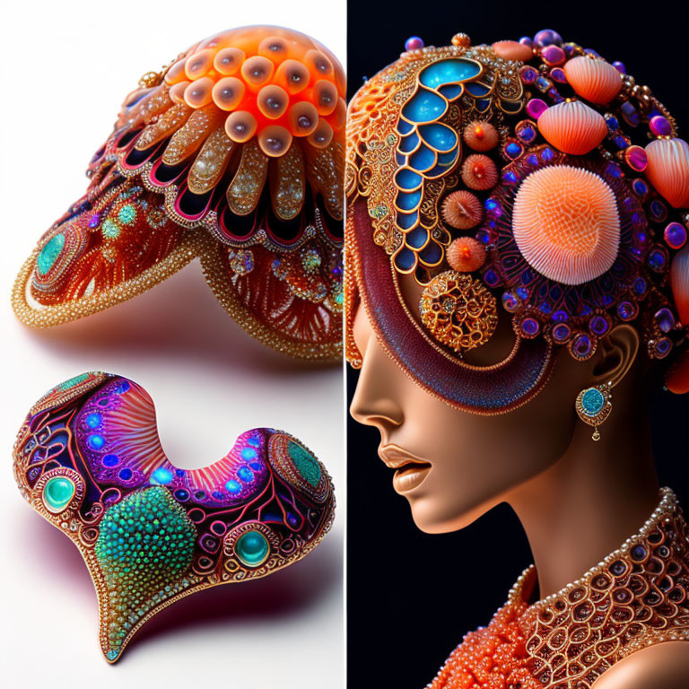 Intricate Marine-Themed Sculptural Headpieces on Mannequin Heads