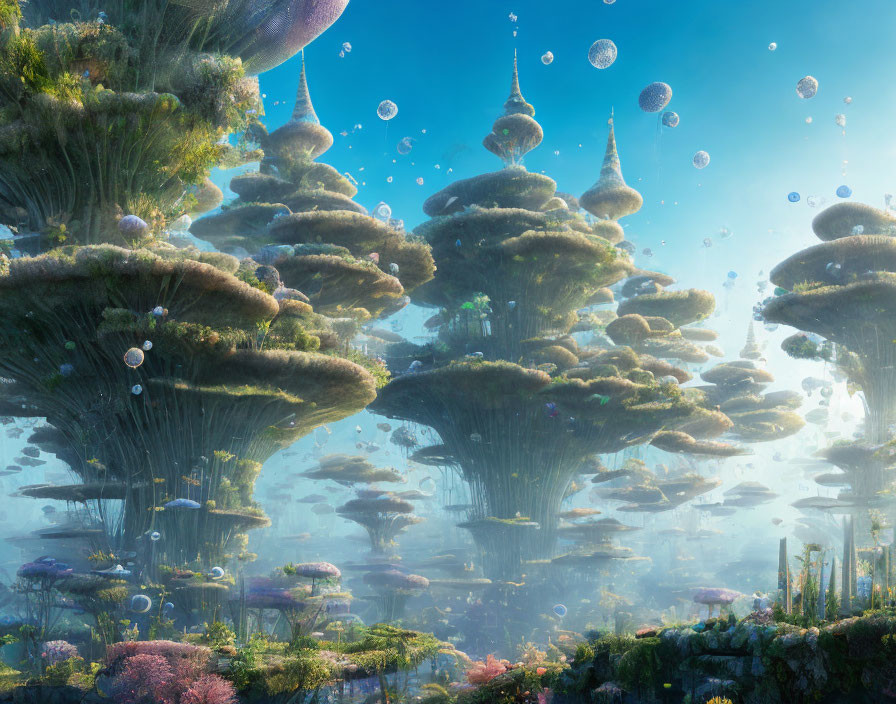 Fantastical landscape: Floating islands, lush trees, water droplets, serene blue sky