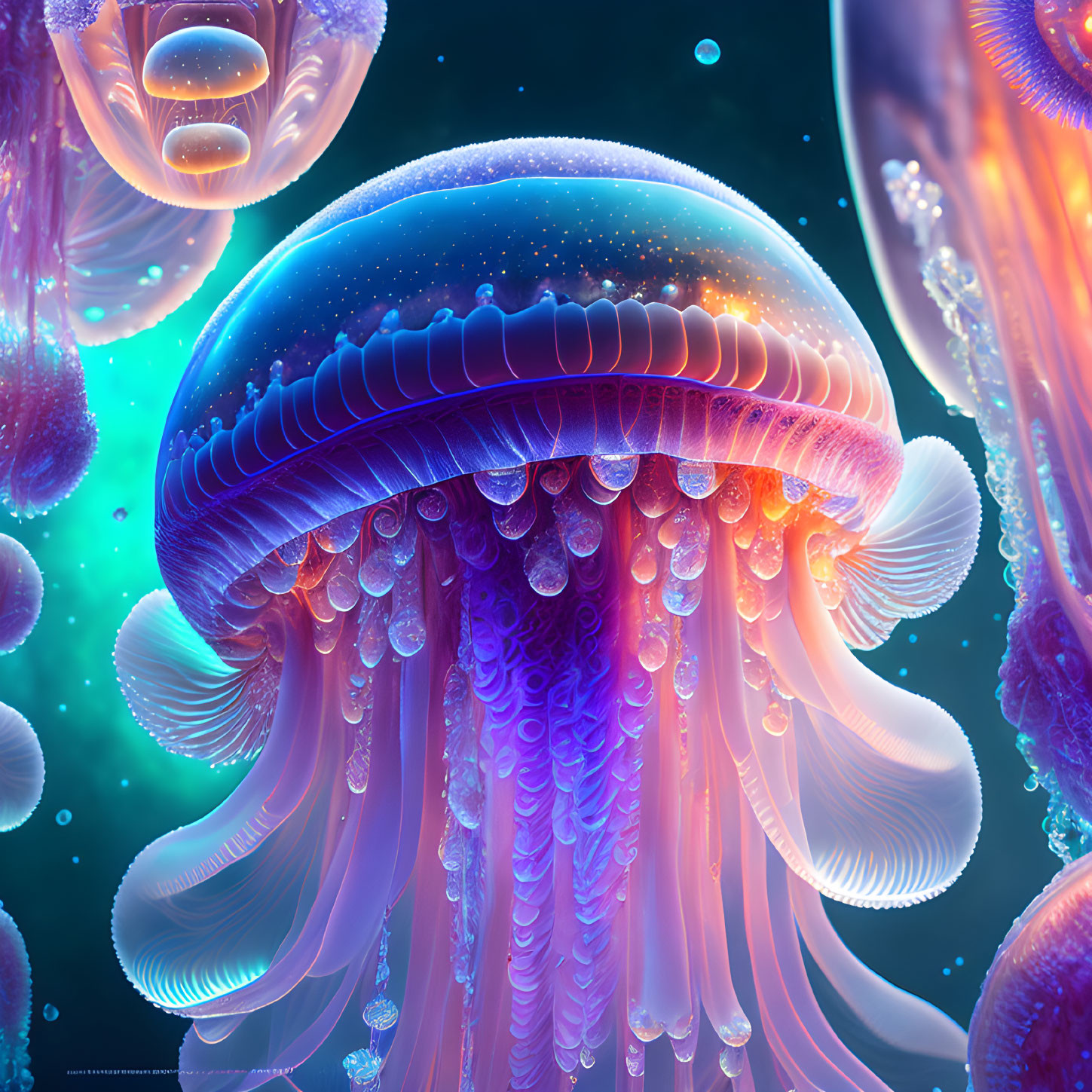 Vibrant jellyfish digital art with bioluminescent structure in starry underwater scene