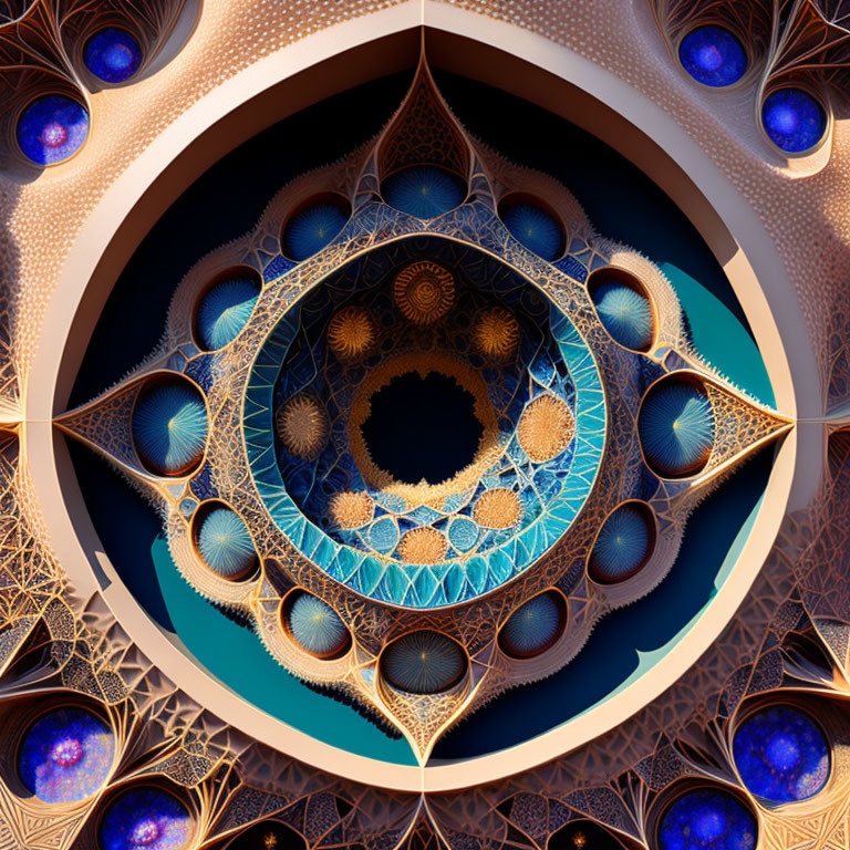 Colorful digital fractal art with intricate kaleidoscope patterns in rich blues and oranges, reminiscent of