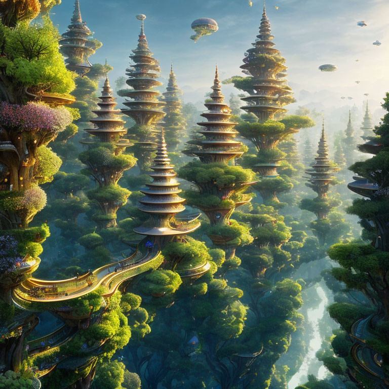 Fantastical landscape with pagoda-like structures and airships in the sky