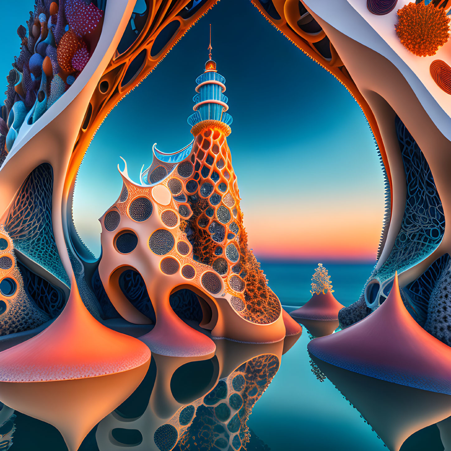 Surreal landscape with intricate tower and honeycomb patterns