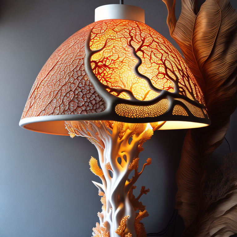 Tree Pattern Designer Lamp Casting Warm Light on Textured Surface