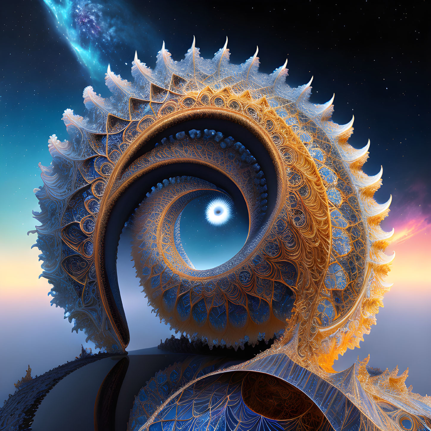 Intricate fractal image with cosmic spiraling patterns in vibrant blues and oranges