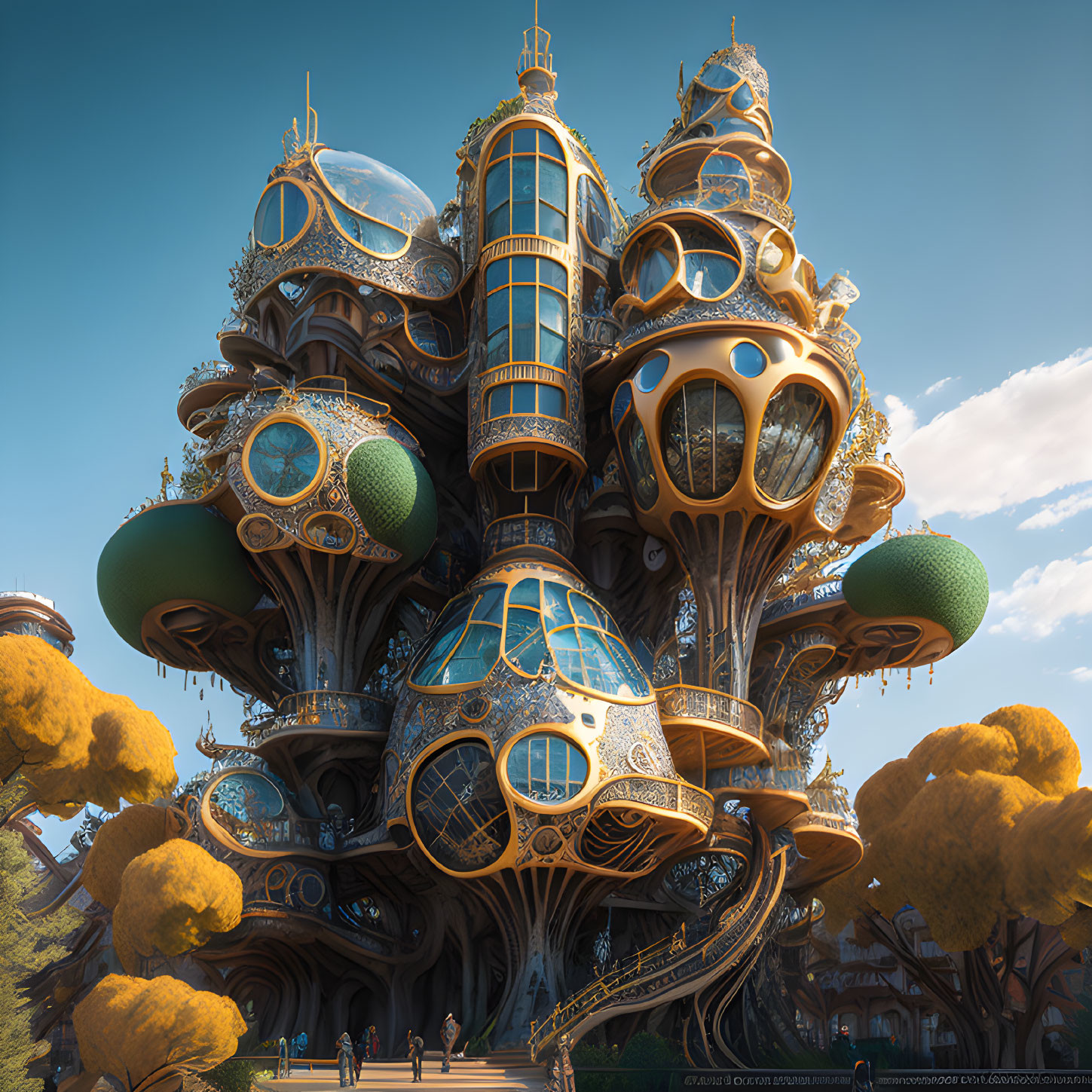 Ornate golden balconies on fantastical tree-like structure