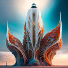 Colorful surreal artwork: two ornate lighthouses in coral structures under wave sky, fish swimming