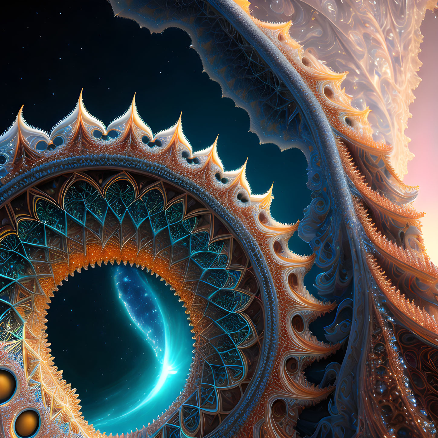 Intricate Spiral Fractal Image with Glowing Blue Center