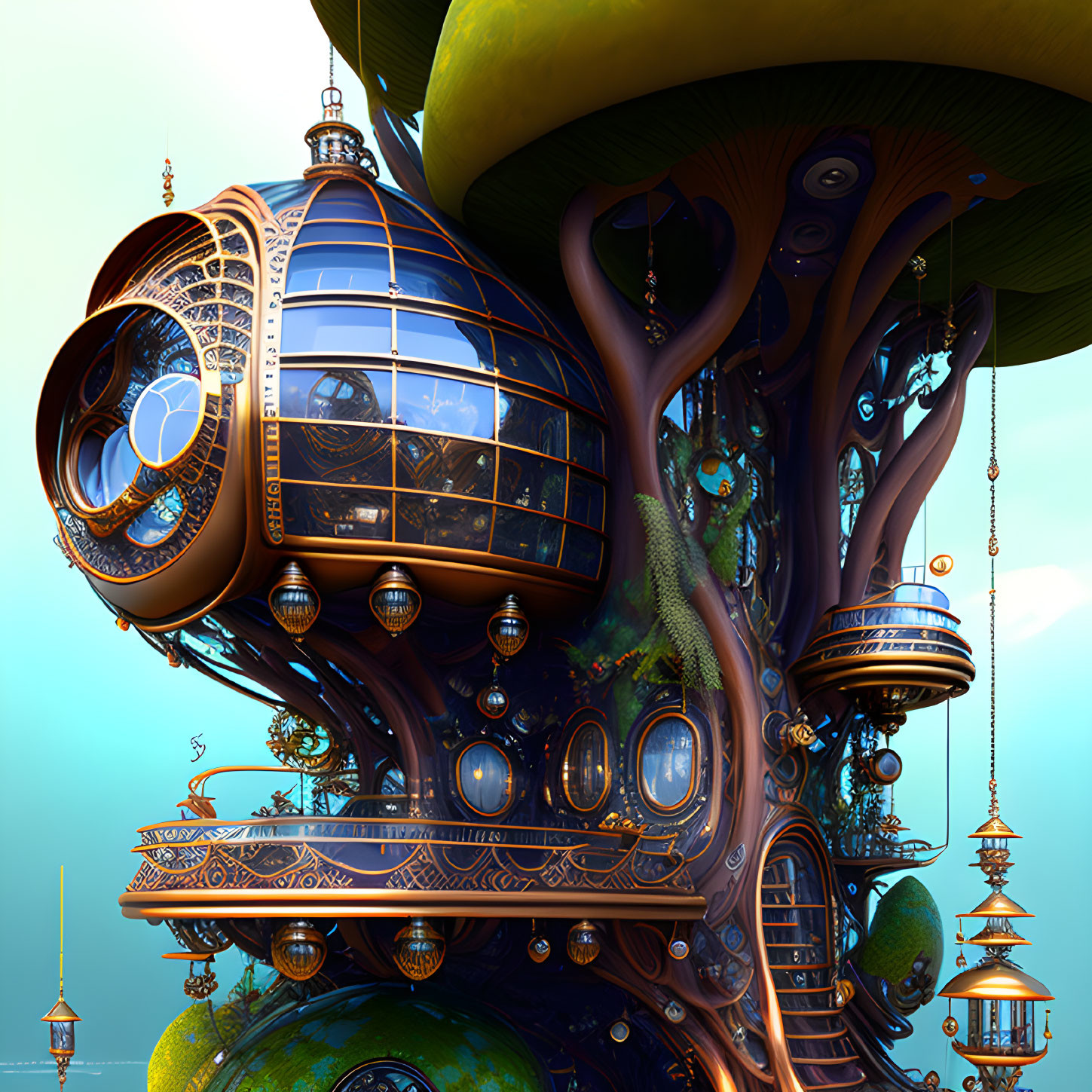 Steampunk treehouse with intricate metalwork and spherical rooms in a blue sky