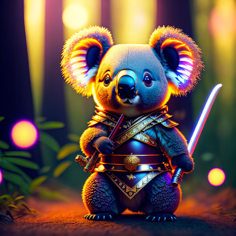 Koala in Samurai Armor with Neon Sword in Mystical Forest