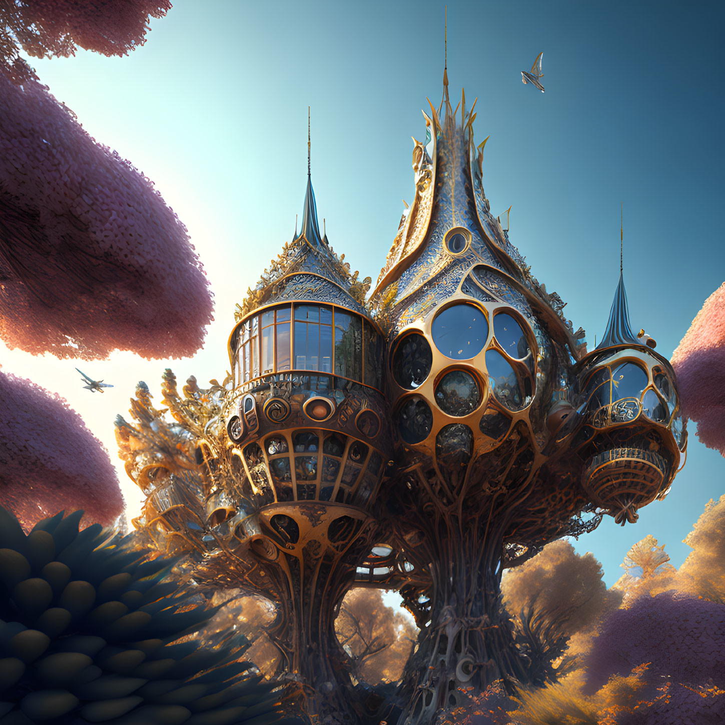 Futuristic treehouse with spherical rooms and intricate metalwork in lush, pastel-colored flora