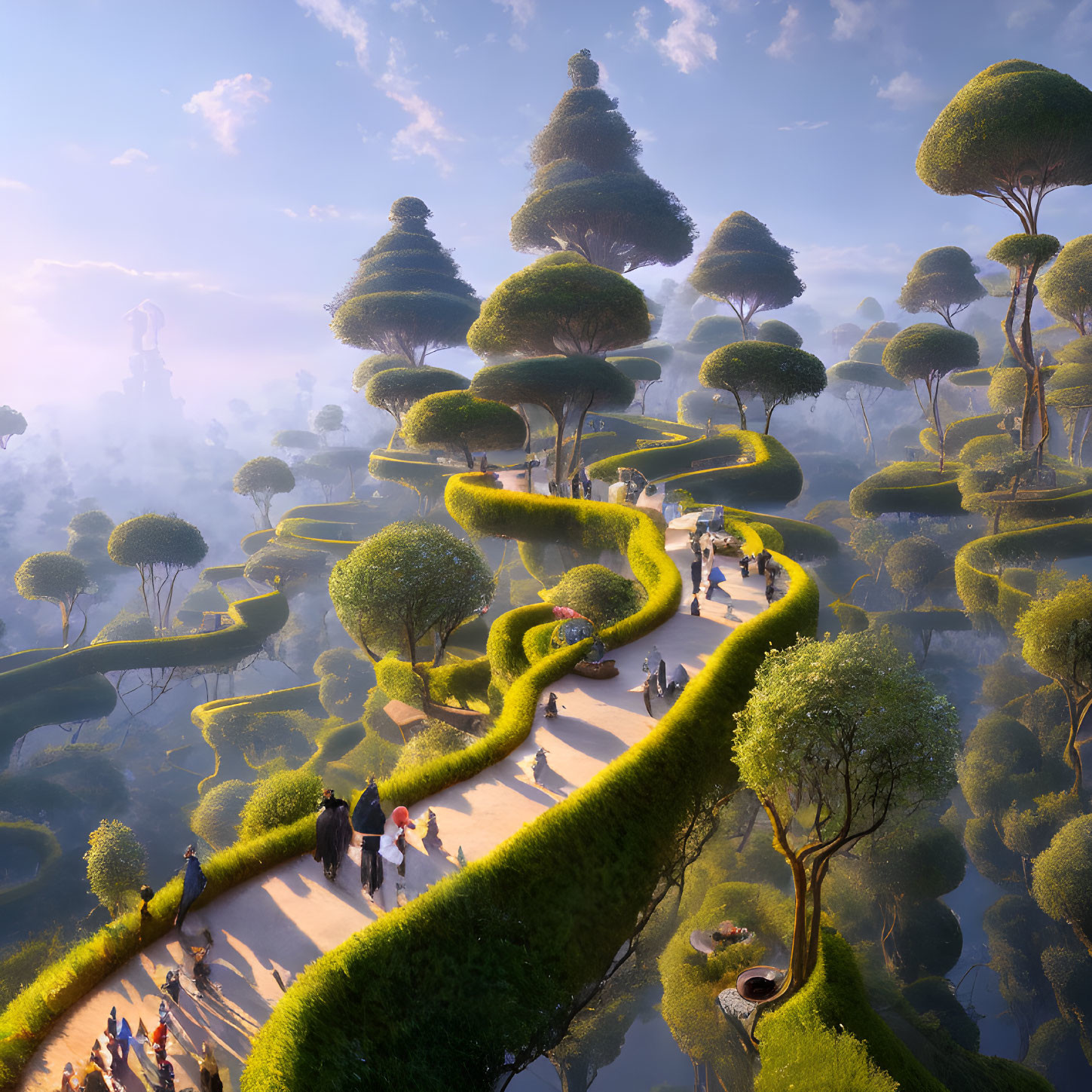 Fantastical landscape with oversized topiary-like trees and people walking.