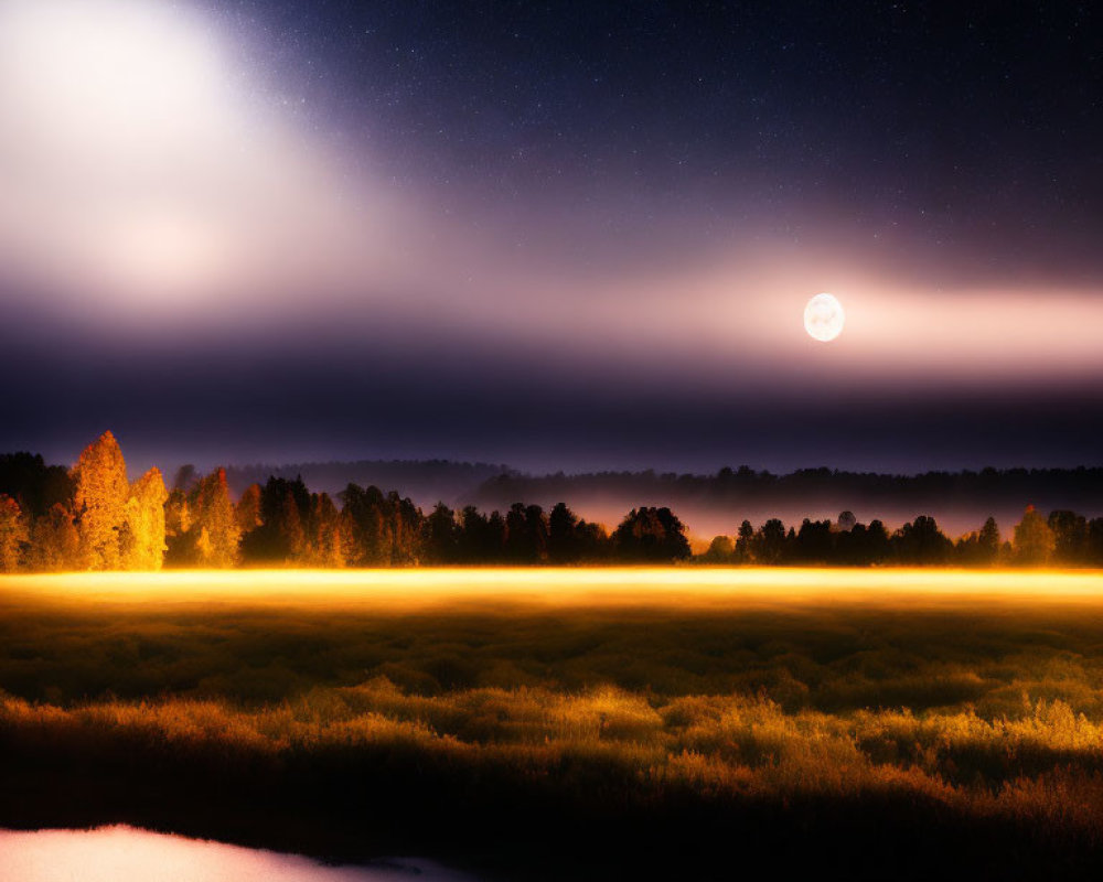 Full Moon Night Landscape with Misty Field and Calm Water