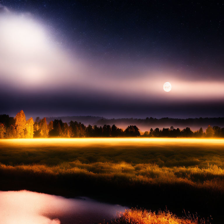 Full Moon Night Landscape with Misty Field and Calm Water