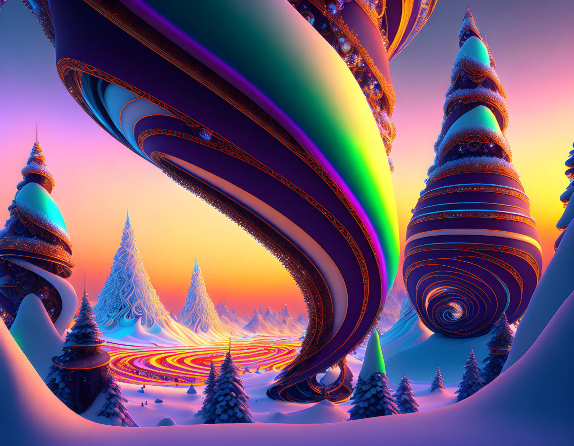 Colorful surreal landscape with swirling hills and whimsical trees under a pink and purple sky