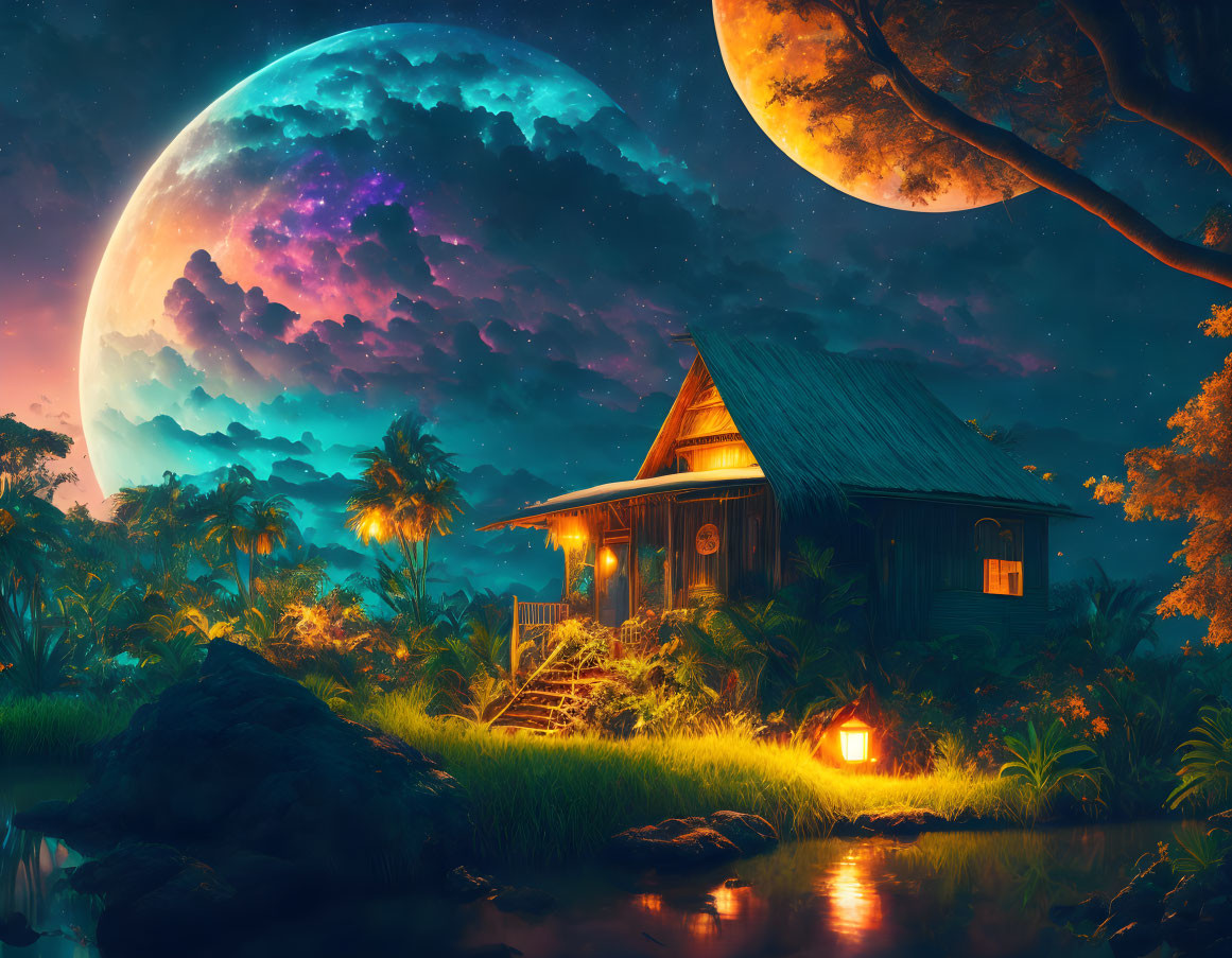 Tranquil night landscape with house, greenery, stars, and moon