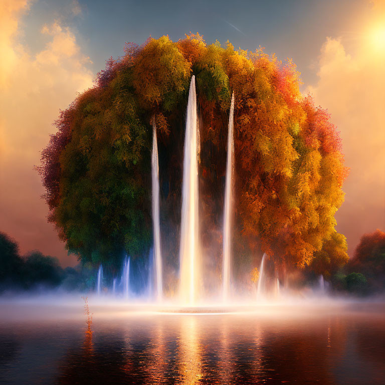 Tranquil digital artwork: Twin waterfalls, lush tree island, calm water, warm backdrop