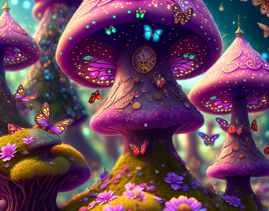 Fantasy scene with purple mushrooms, butterflies, and lush greenery