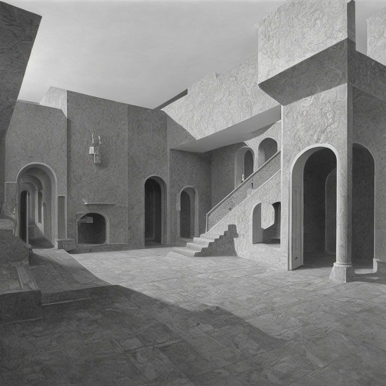 Surreal grayscale image of architectural space with staircases and archways