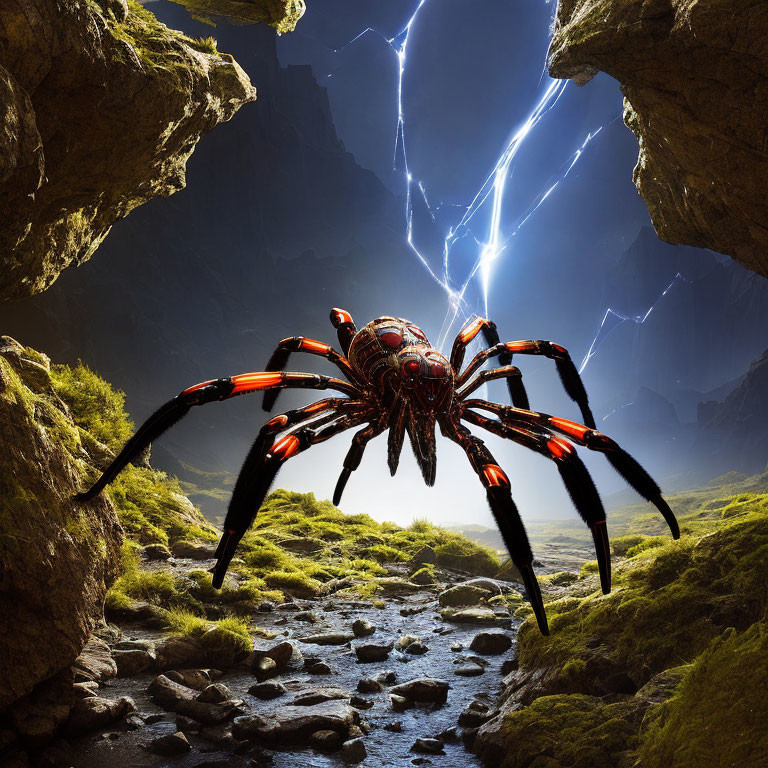 Menacing robotic spider in rugged canyon with lightning sky