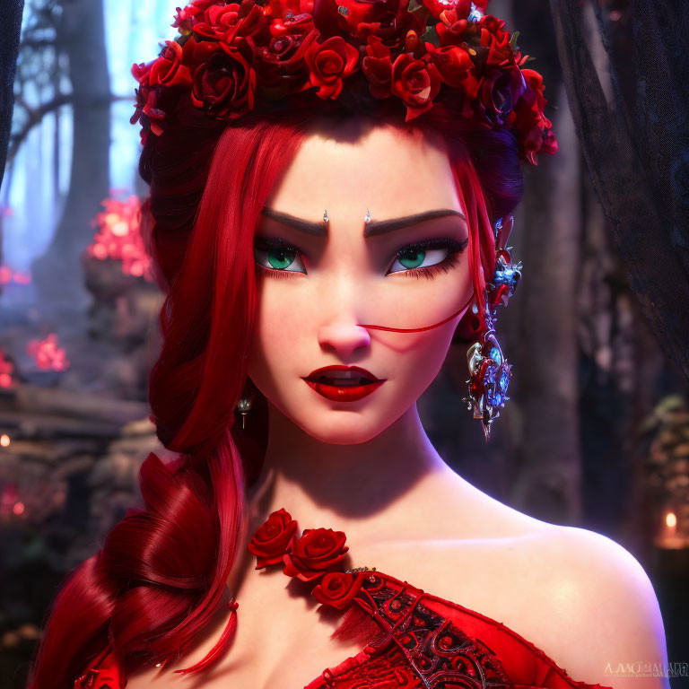 Fantasy 3D-rendered female character with red hair, rose crown, green eyes, jewelry