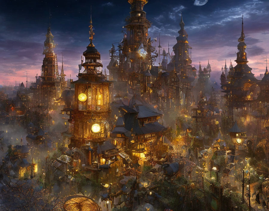 Fantastical cityscape at twilight with illuminated towers and misty ambiance