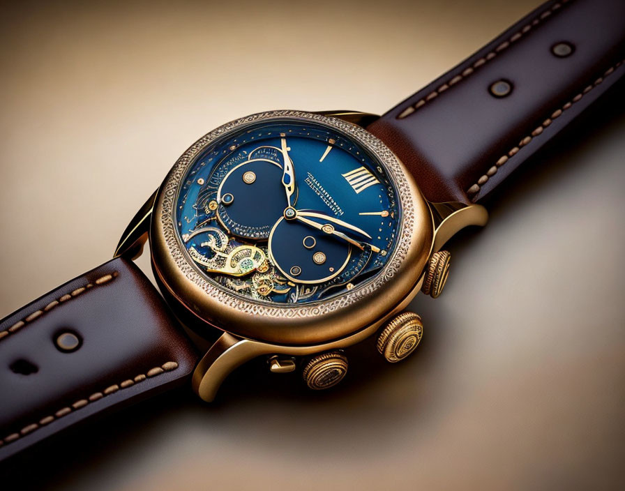 Vintage-Style Wristwatch: Brown Leather Strap, Gold Case, Navy Blue Face with Mechanical G