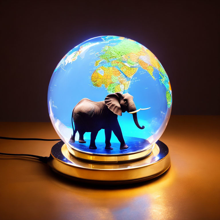 Glass Globe with Earth Map and Elephant Figure Illuminated on Warm Backlit Surface