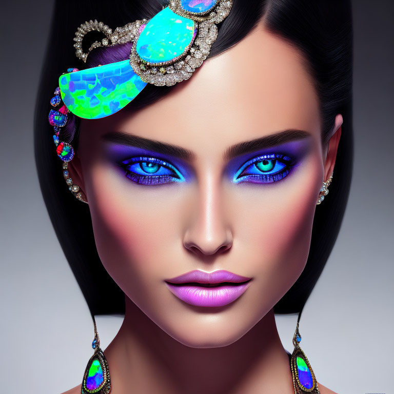 Close-up portrait of woman with blue eyeshadow, bold eyebrows, purple lipstick, jewel headpiece