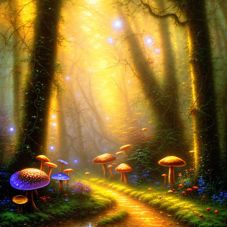 Enchanted forest path with glowing mushrooms and vibrant flora