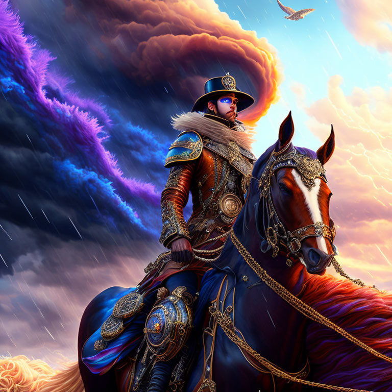 Regal officer on horse in ornate uniform under dramatic sky