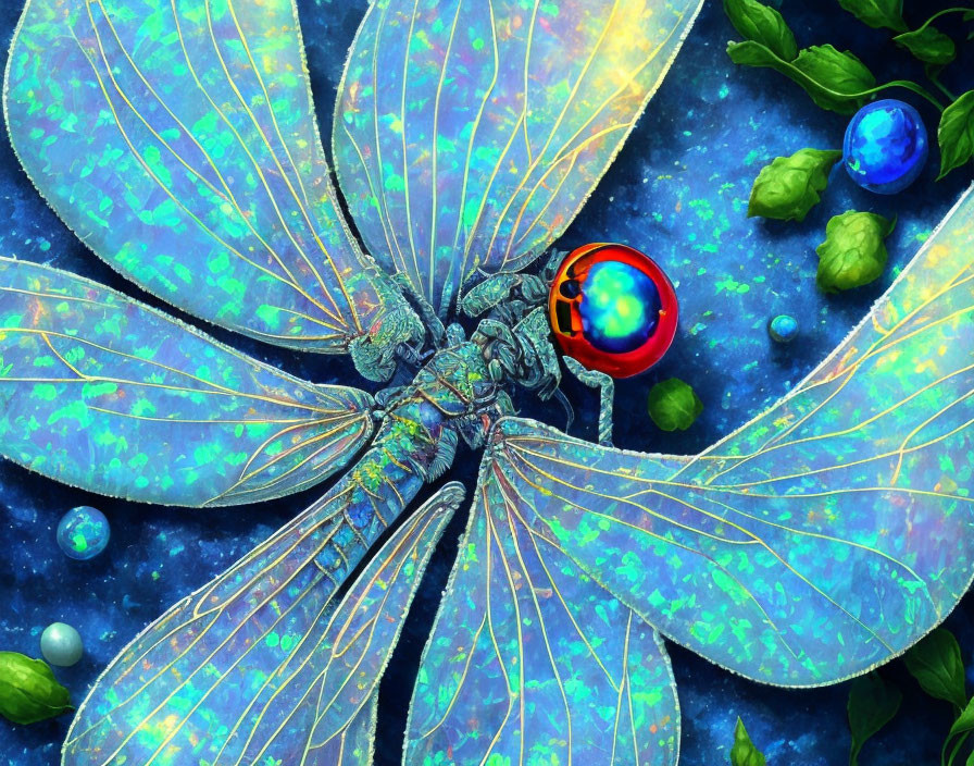 Colorful Dragonfly Artwork with Iridescent Wings and Magical Orbs